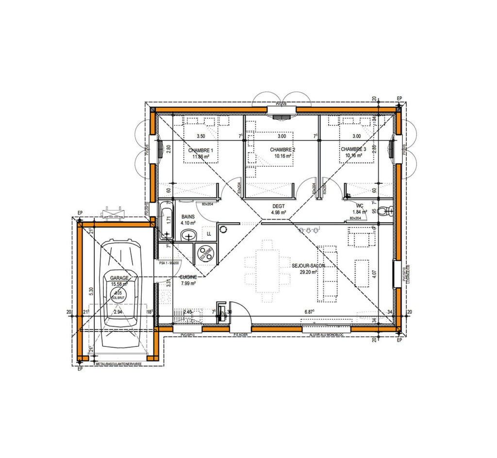 plan-de-maison-3-chambres-80-m2 avec garage