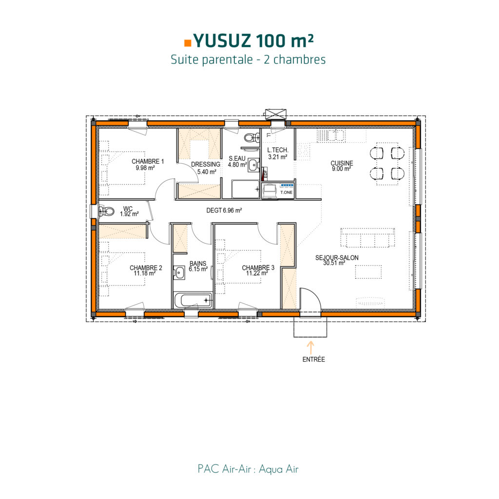 plan de maison design 100 m2 avec 2 chambres