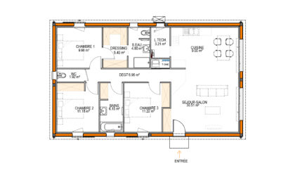 plan de maison design 100 m2 avec 2 chambres