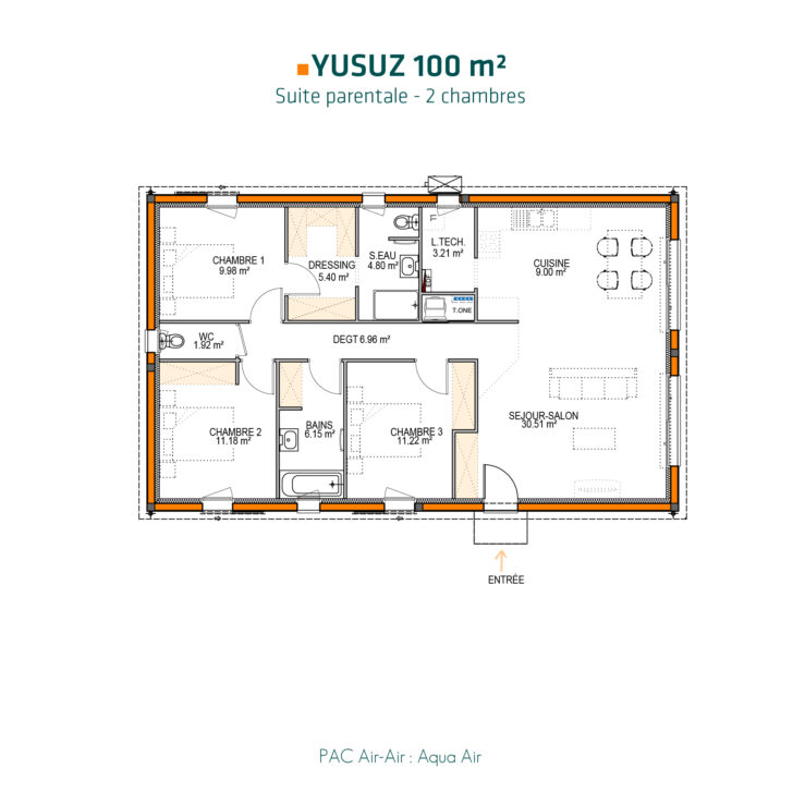 plan de maison design 100 m2 avec 2 chambres