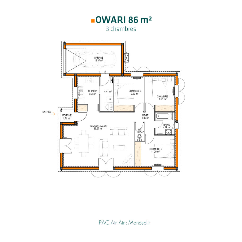 Plan maison moderne 3 chambres 86 m2