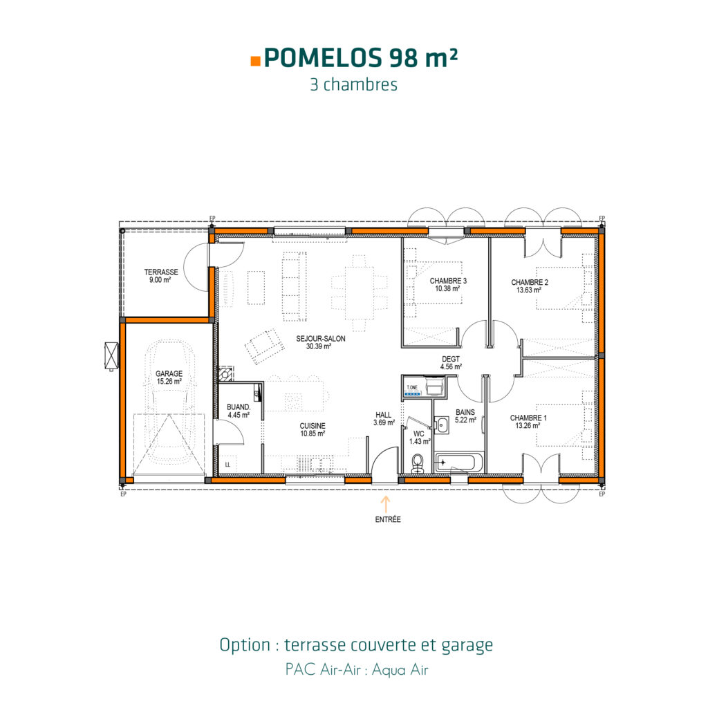 plan de maison moderne 98 m² 3 chambres