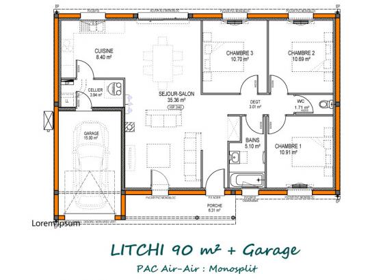 plan maison litchi 90m2 avec garage