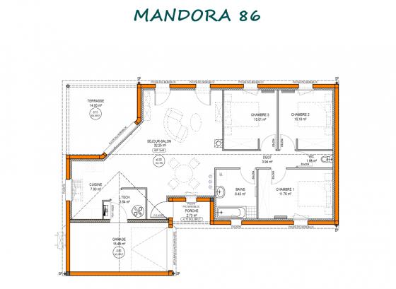 plan maison moderne en L 86m2