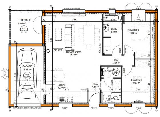 plan maison moderne 74 m²