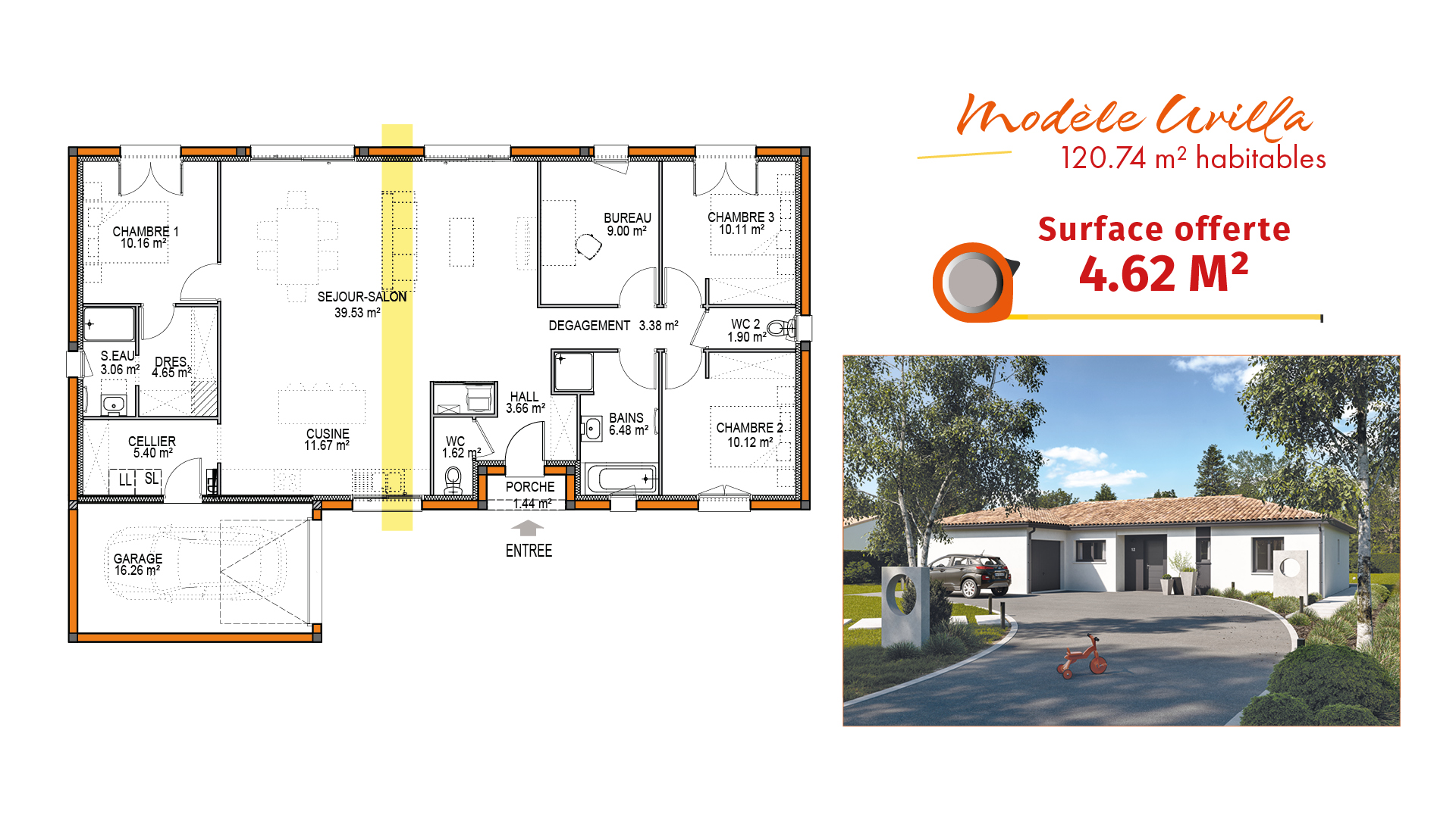 plan de maison 115 m2 avec 3 chambres-Uvilla